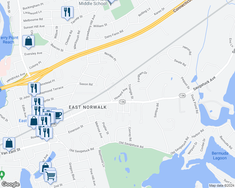 map of restaurants, bars, coffee shops, grocery stores, and more near 14 Reboda Court in Norwalk