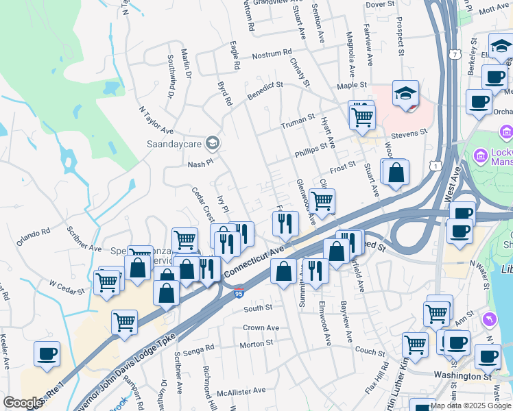 map of restaurants, bars, coffee shops, grocery stores, and more near 27 Ferris Avenue in Norwalk