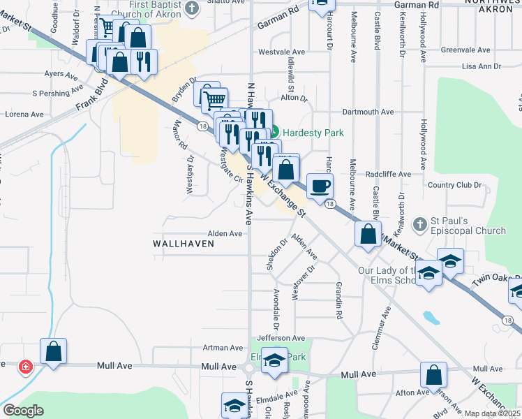 map of restaurants, bars, coffee shops, grocery stores, and more near 1525 Marion Avenue in Akron