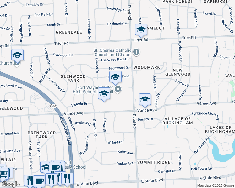map of restaurants, bars, coffee shops, grocery stores, and more near 4600 Fairlawn Pass in Fort Wayne