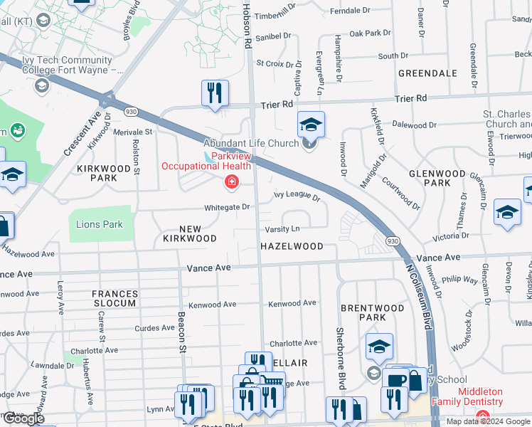 map of restaurants, bars, coffee shops, grocery stores, and more near 3218 Ivy League Drive in Fort Wayne