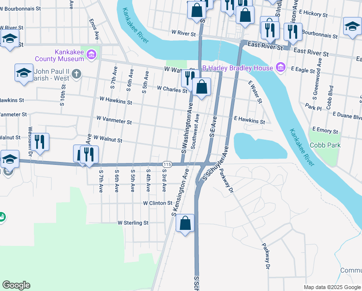 map of restaurants, bars, coffee shops, grocery stores, and more near 1144 South Washington Avenue in Kankakee