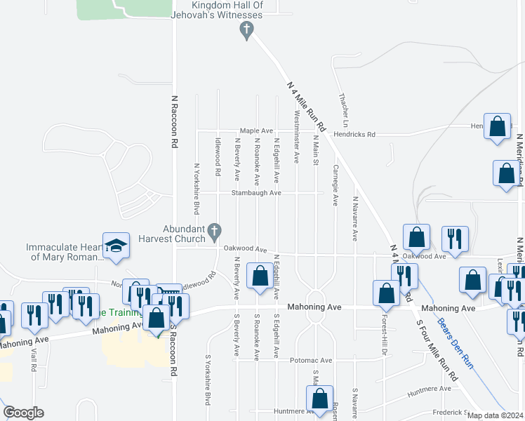 map of restaurants, bars, coffee shops, grocery stores, and more near 155 North Roanoke Avenue in Youngstown