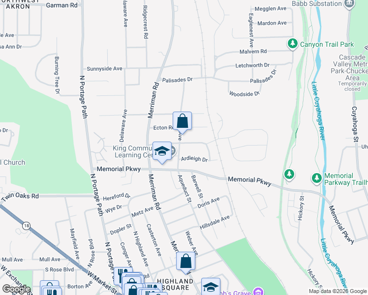 map of restaurants, bars, coffee shops, grocery stores, and more near 680 Upper Merriman Drive in Akron