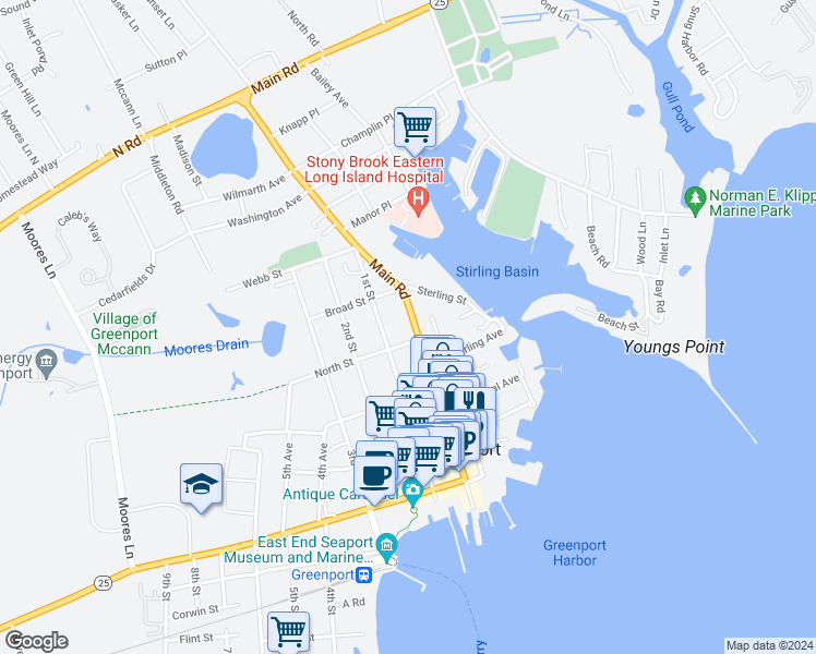 map of restaurants, bars, coffee shops, grocery stores, and more near 611 Main Street in Greenport
