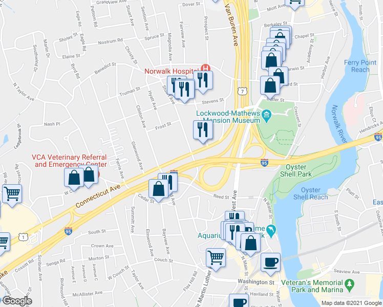 map of restaurants, bars, coffee shops, grocery stores, and more near Connecticut Ave & Stuart Ave in Norwalk