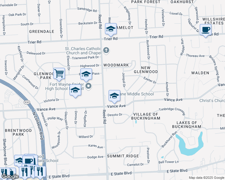 map of restaurants, bars, coffee shops, grocery stores, and more near 4901 Vance Avenue in Fort Wayne