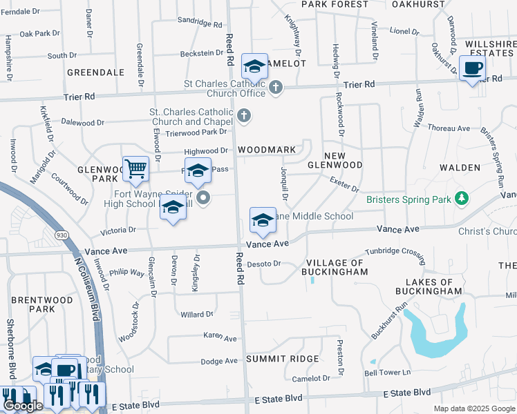 map of restaurants, bars, coffee shops, grocery stores, and more near 4901 Vance Avenue in Fort Wayne