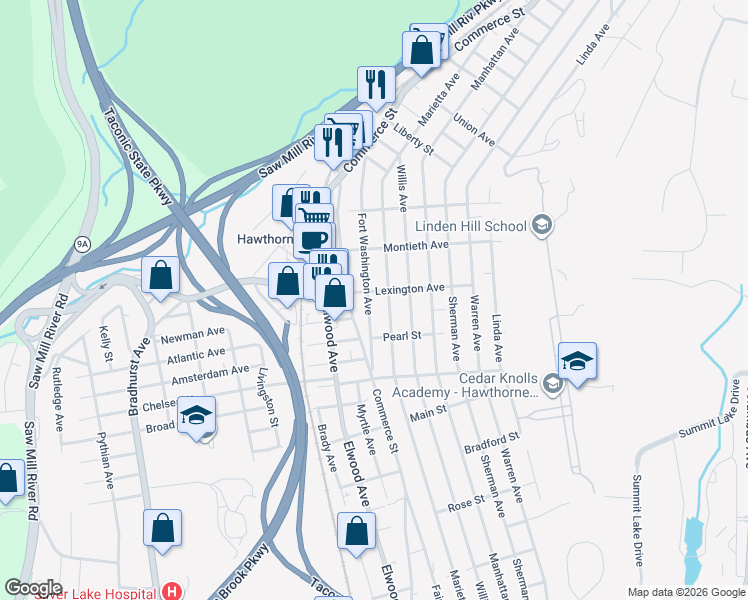 map of restaurants, bars, coffee shops, grocery stores, and more near 341 Fort Washington Avenue in Hawthorne
