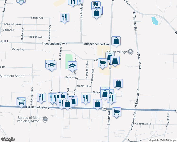map of restaurants, bars, coffee shops, grocery stores, and more near 1638 Vicgross Avenue in Akron