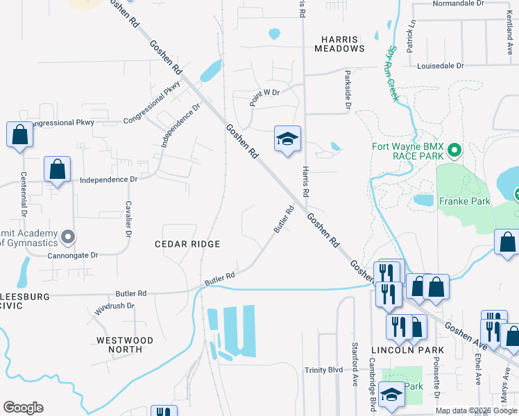 map of restaurants, bars, coffee shops, grocery stores, and more near 3431 Butler Court in Fort Wayne