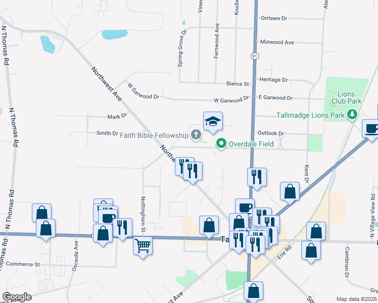 map of restaurants, bars, coffee shops, grocery stores, and more near 130-134 West Overdale Drive in Tallmadge