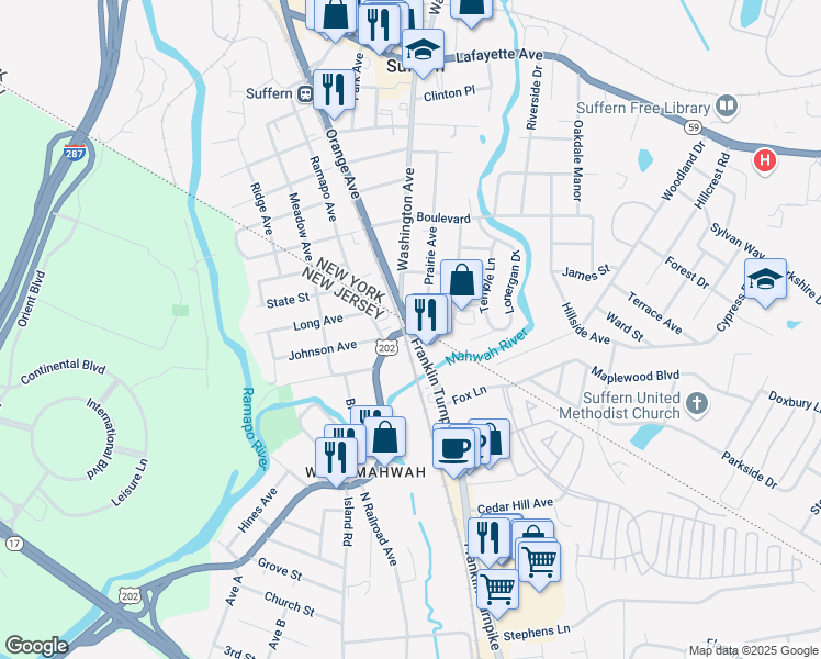map of restaurants, bars, coffee shops, grocery stores, and more near 63 Prairie Avenue in Suffern