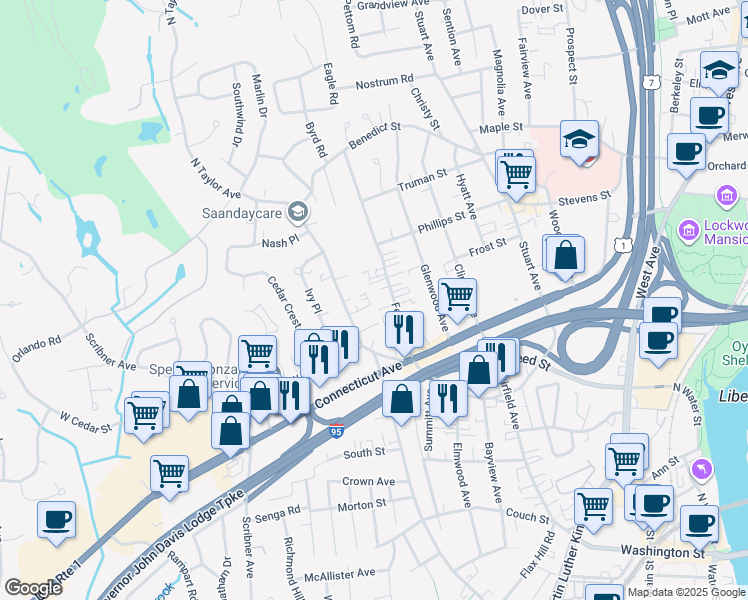 map of restaurants, bars, coffee shops, grocery stores, and more near 27 Ferris Avenue in Norwalk
