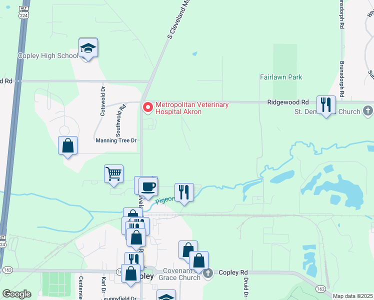 map of restaurants, bars, coffee shops, grocery stores, and more near 3558 Ridgewood Road in Akron