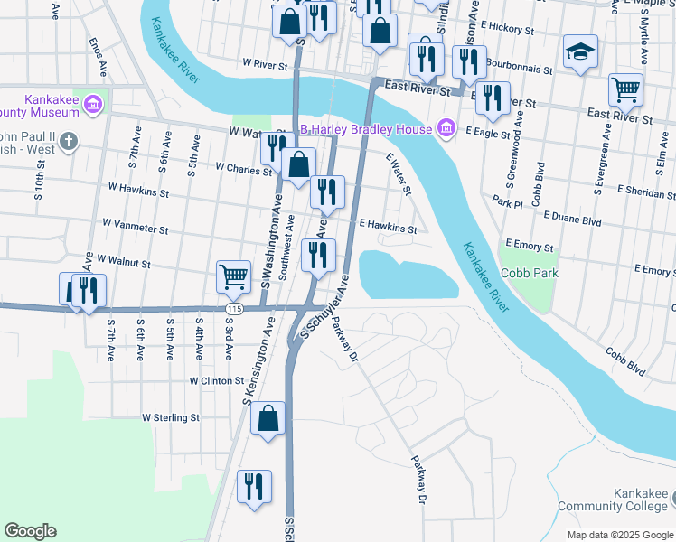map of restaurants, bars, coffee shops, grocery stores, and more near 1111 South Schuyler Avenue in Kankakee