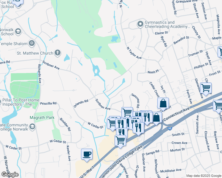 map of restaurants, bars, coffee shops, grocery stores, and more near 146 Gillies Lane in Norwalk