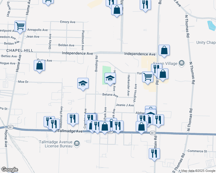 map of restaurants, bars, coffee shops, grocery stores, and more near 1333 Betana Avenue in Akron
