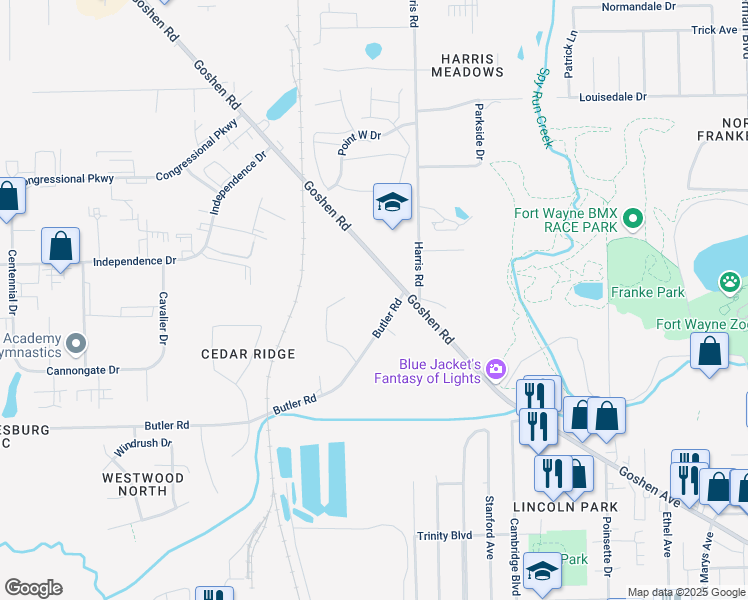 map of restaurants, bars, coffee shops, grocery stores, and more near 2116 Butler Road in Fort Wayne