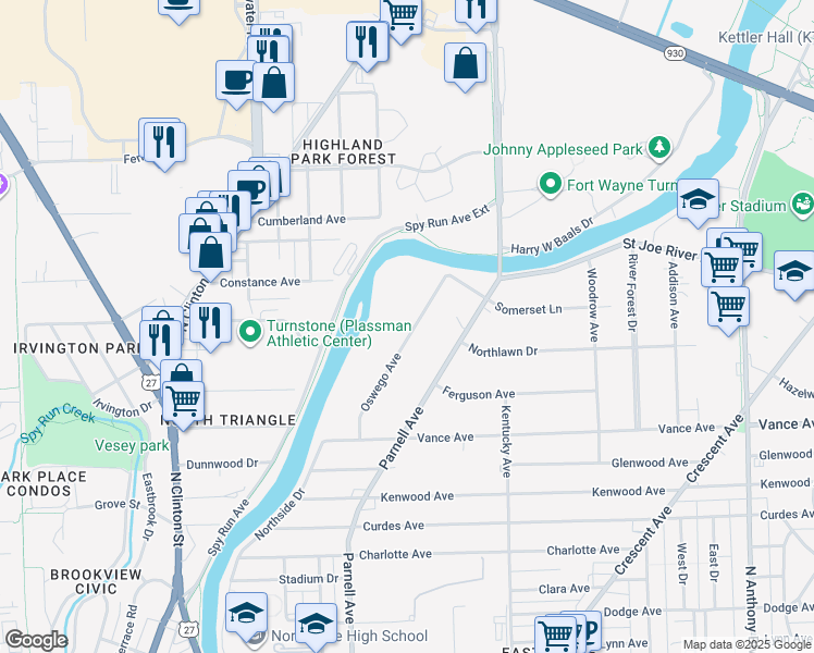 map of restaurants, bars, coffee shops, grocery stores, and more near 3245 Oswego Avenue in Fort Wayne