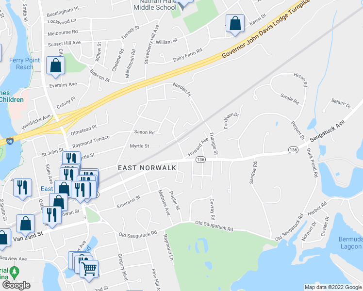 map of restaurants, bars, coffee shops, grocery stores, and more near 4 Reboda Court in Norwalk