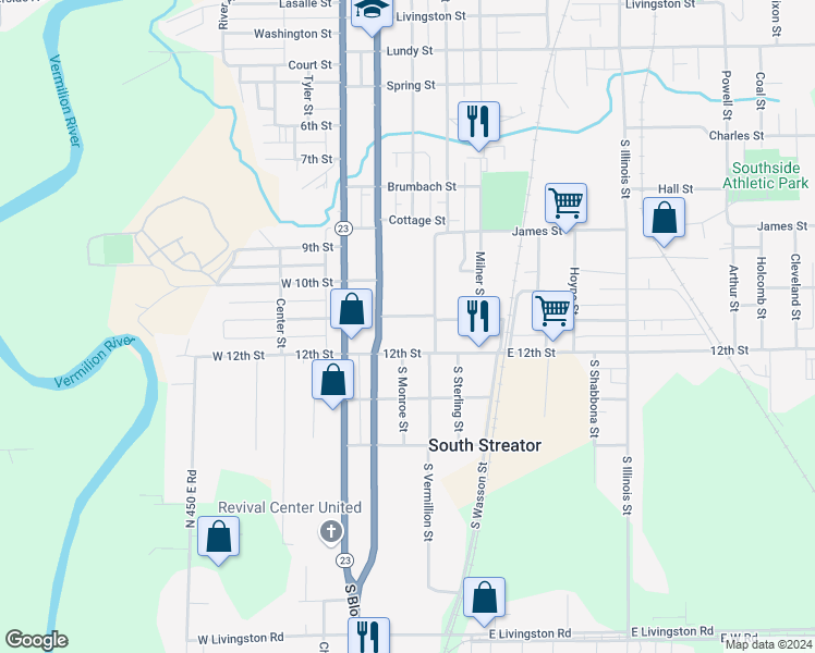 map of restaurants, bars, coffee shops, grocery stores, and more near 209 Sangamon Street in Streator