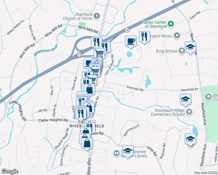 map of restaurants, bars, coffee shops, grocery stores, and more near 139 Turn of River Road in Stamford