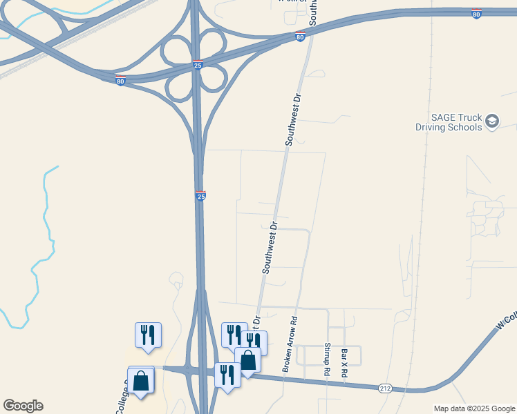 map of restaurants, bars, coffee shops, grocery stores, and more near 1114 Southwest Drive in Cheyenne