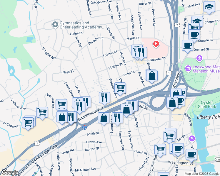 map of restaurants, bars, coffee shops, grocery stores, and more near 20 Glenwood Avenue in Norwalk