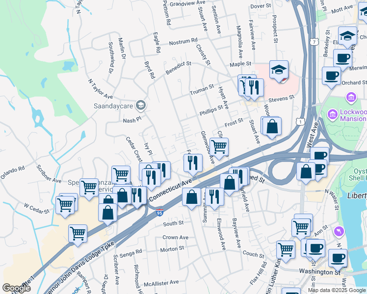 map of restaurants, bars, coffee shops, grocery stores, and more near 28 Ferris Avenue in Norwalk