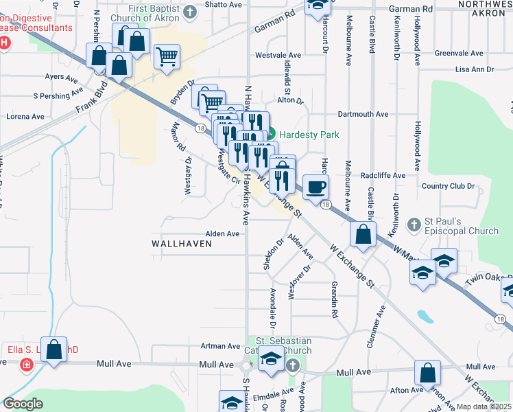 map of restaurants, bars, coffee shops, grocery stores, and more near 1525 Marion Avenue in Akron