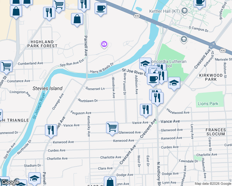 map of restaurants, bars, coffee shops, grocery stores, and more near 3301-3399 Woodrow Ave in Fort Wayne