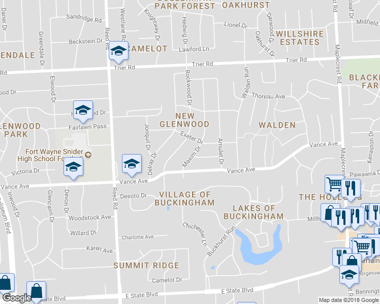 map of restaurants, bars, coffee shops, grocery stores, and more near 3301 Maxim Drive in Fort Wayne