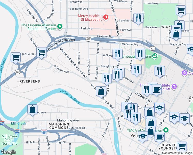 map of restaurants, bars, coffee shops, grocery stores, and more near 324 Foster Street in Youngstown