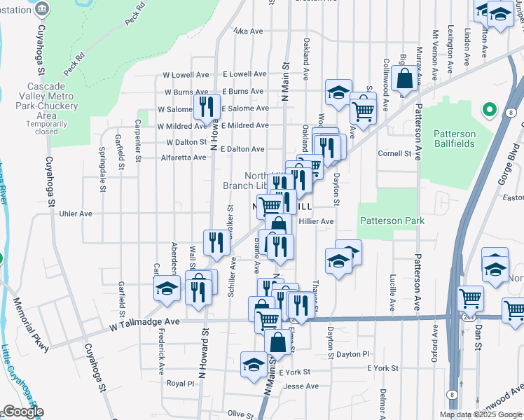 map of restaurants, bars, coffee shops, grocery stores, and more near 818 Berwin Street in Akron