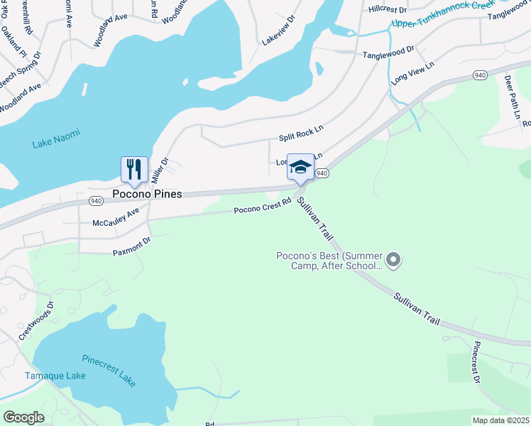 map of restaurants, bars, coffee shops, grocery stores, and more near Hillcrest Drive in Pocono Pines