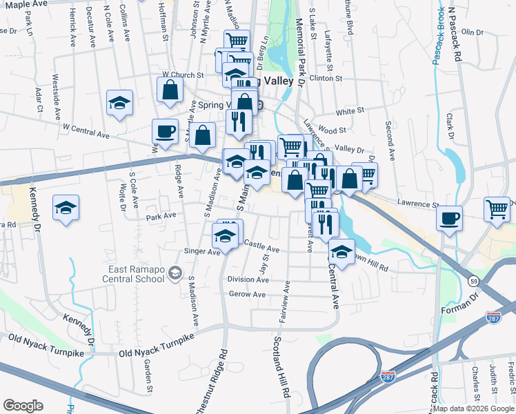 map of restaurants, bars, coffee shops, grocery stores, and more near 52 South Main Street in Spring Valley