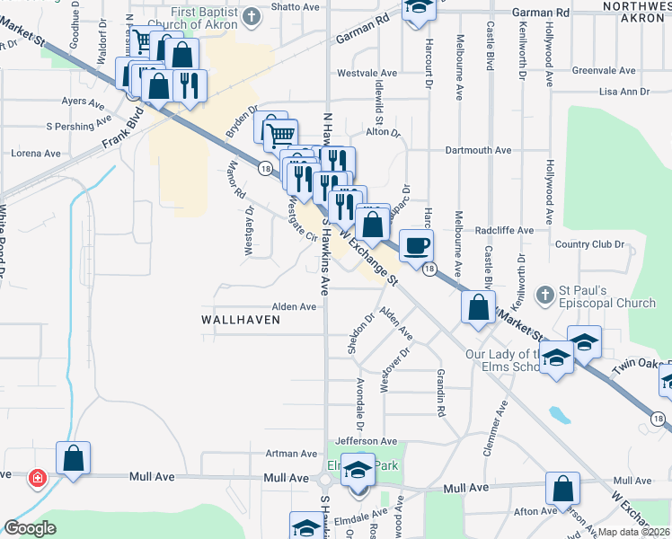 map of restaurants, bars, coffee shops, grocery stores, and more near 1500 Marion Avenue in Akron