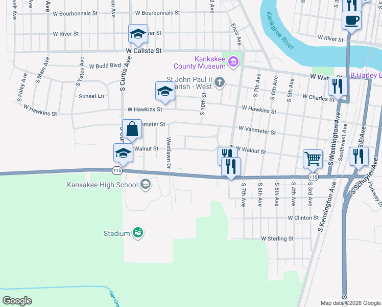 map of restaurants, bars, coffee shops, grocery stores, and more near 975 West Walnut Street in Kankakee