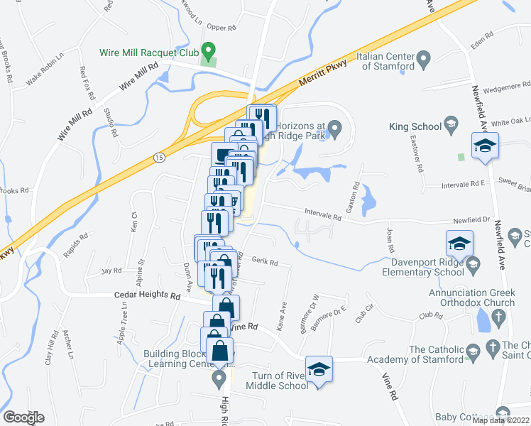 map of restaurants, bars, coffee shops, grocery stores, and more near 139 Turn of River Road in Stamford