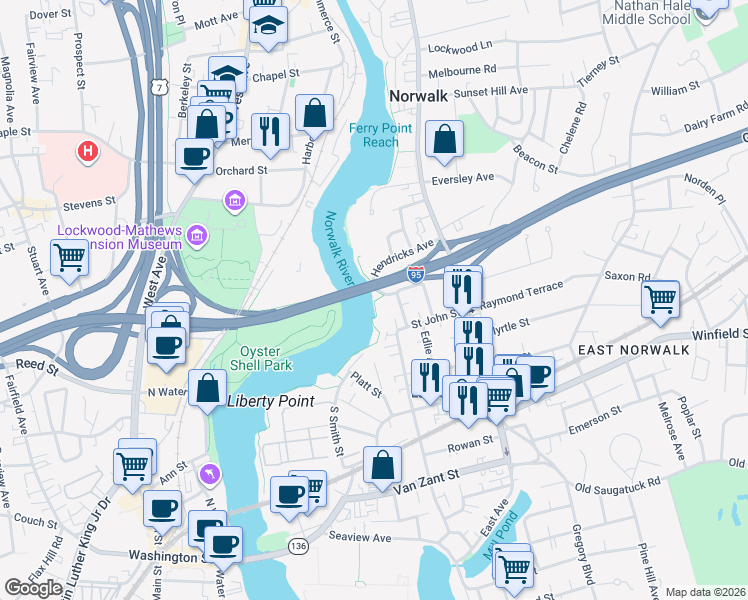 map of restaurants, bars, coffee shops, grocery stores, and more near Norwalk River Esplanade in Norwalk