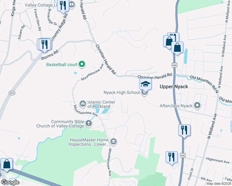 map of restaurants, bars, coffee shops, grocery stores, and more near 3 Woods Road in Valley Cottage