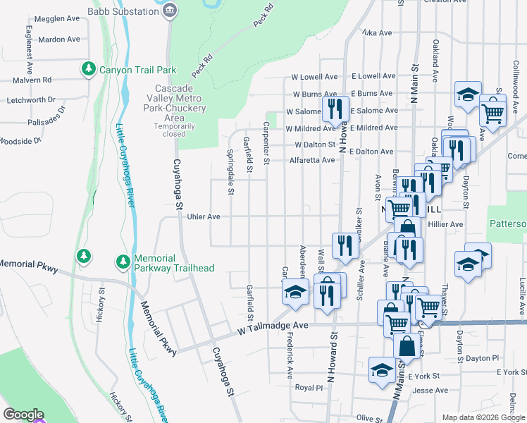 map of restaurants, bars, coffee shops, grocery stores, and more near 805 Carpenter Street in Akron