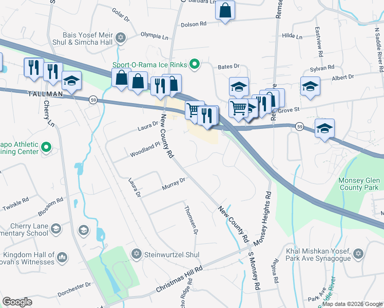 map of restaurants, bars, coffee shops, grocery stores, and more near 6 Farmer Lane in Airmont