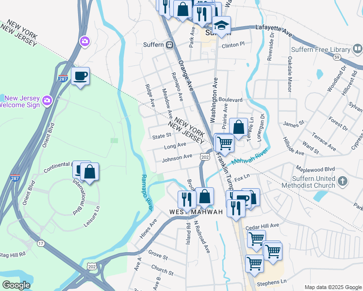 map of restaurants, bars, coffee shops, grocery stores, and more near 5 Long Avenue in Mahwah