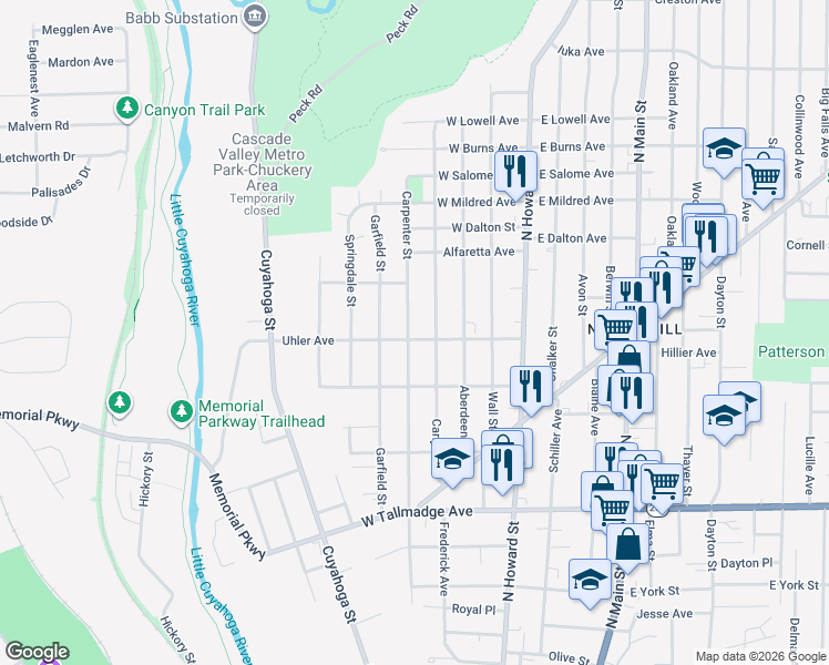 map of restaurants, bars, coffee shops, grocery stores, and more near 805 Carpenter Street in Akron