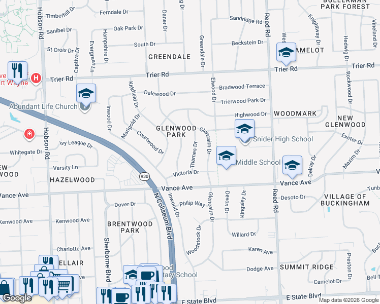 map of restaurants, bars, coffee shops, grocery stores, and more near 3324 Chancellor Drive in Fort Wayne