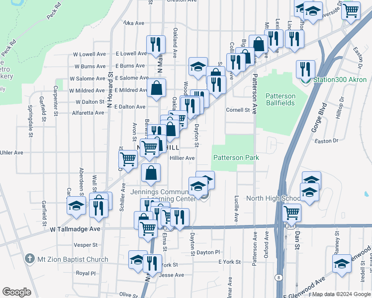 map of restaurants, bars, coffee shops, grocery stores, and more near 194 Newton Place in Akron
