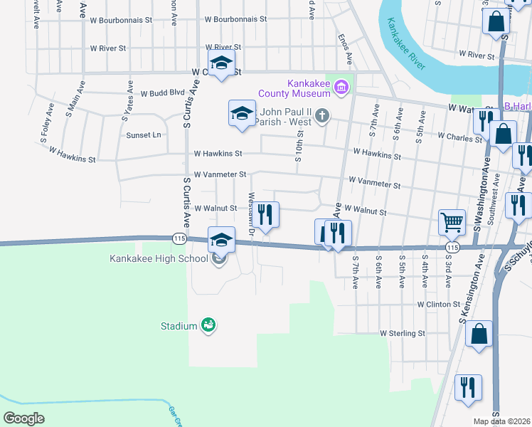 map of restaurants, bars, coffee shops, grocery stores, and more near 1096 West Walnut Street in Kankakee