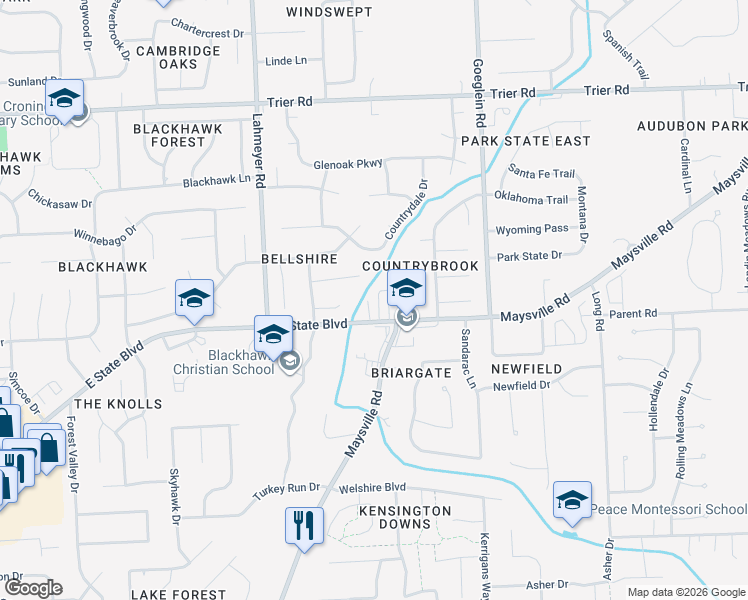 map of restaurants, bars, coffee shops, grocery stores, and more near 7751 East State Boulevard in Fort Wayne